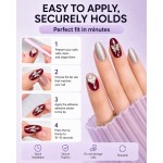 Wine‑Red Medium‑Long Almond Press‑On Nails，Luxury False Nails with Silver Glitter, Metal Butterfly & Heart Rhinestones